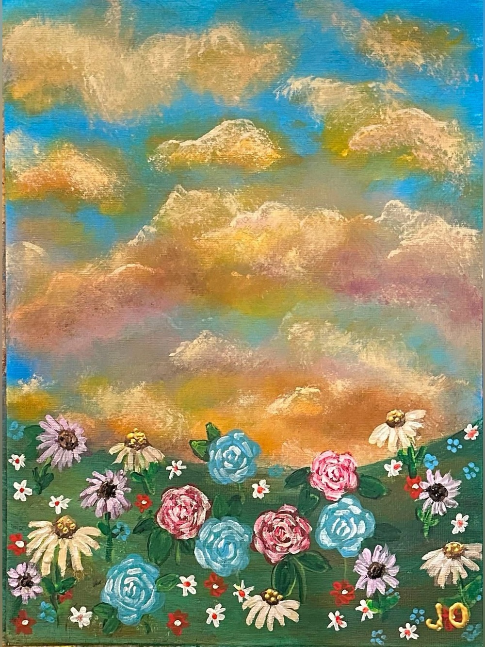 Sunset Bloom Floral Canvas Painting - Blue, Pink, Cream, Green